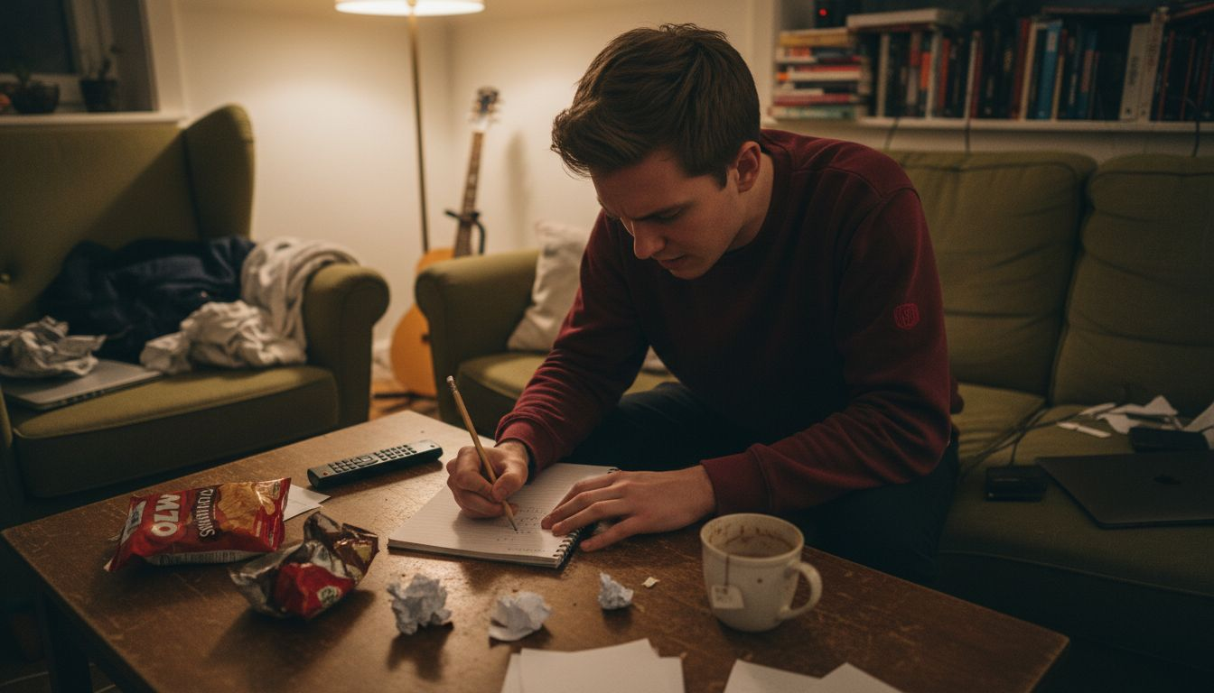 En komiker sitter hemma i vardagsrummet och filar på sitt nya standup-manus.