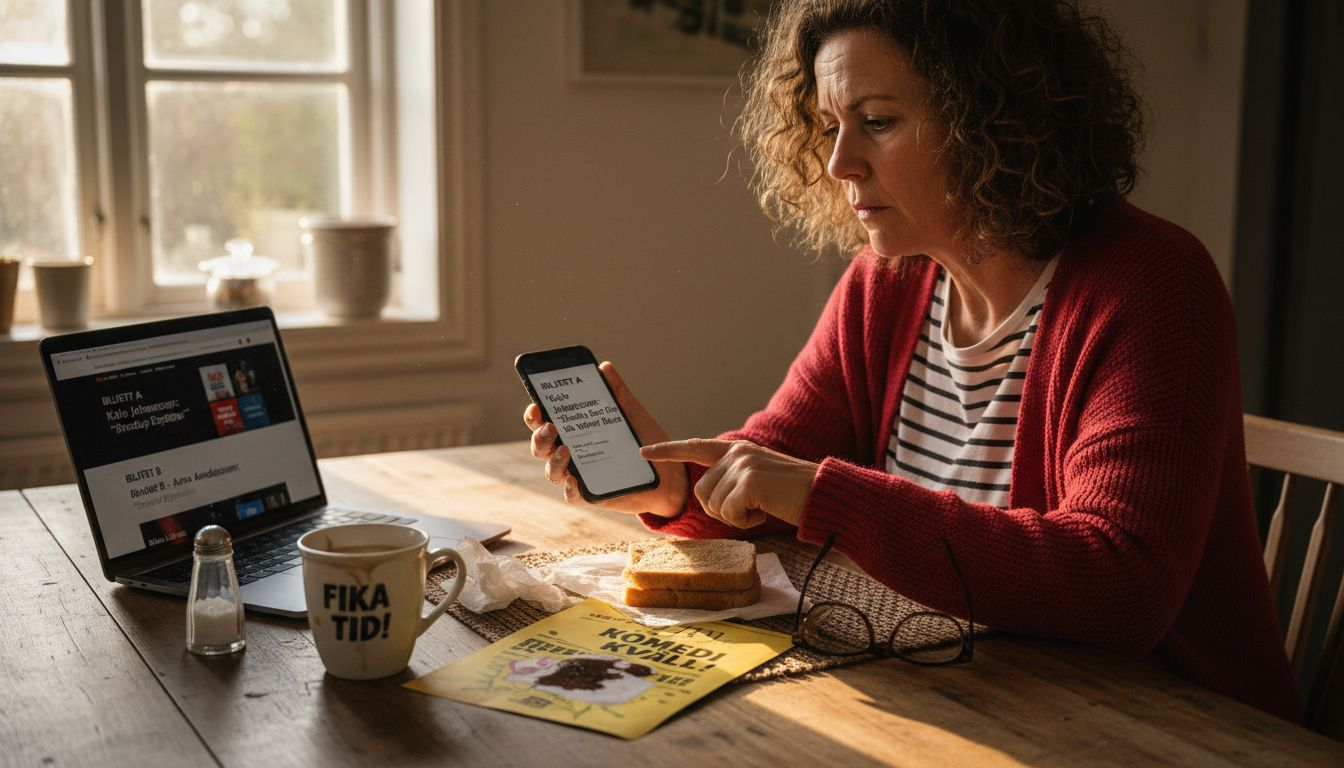 Kvinna som jämför biljettpriser till olika standupföreställningar