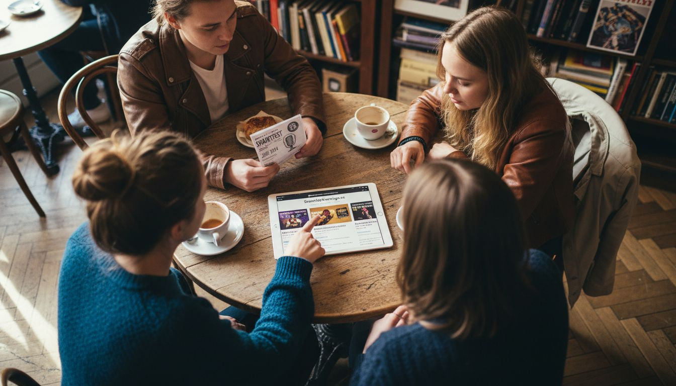 Ett kompisgäng sitter på ett kafé i Stockholm och jämför olika standup-kvällar de kan gå på.