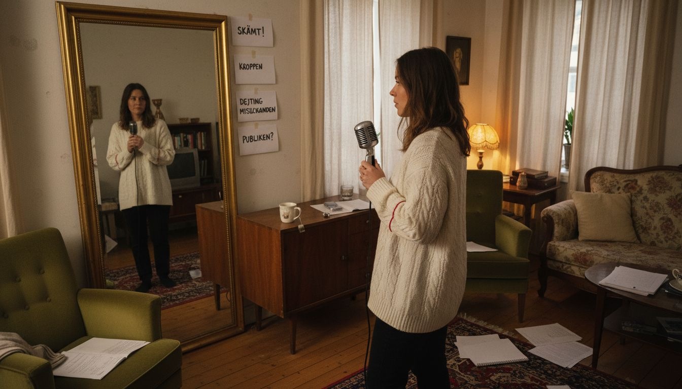 Kvinna övar på standup hemma i vardagsrummet