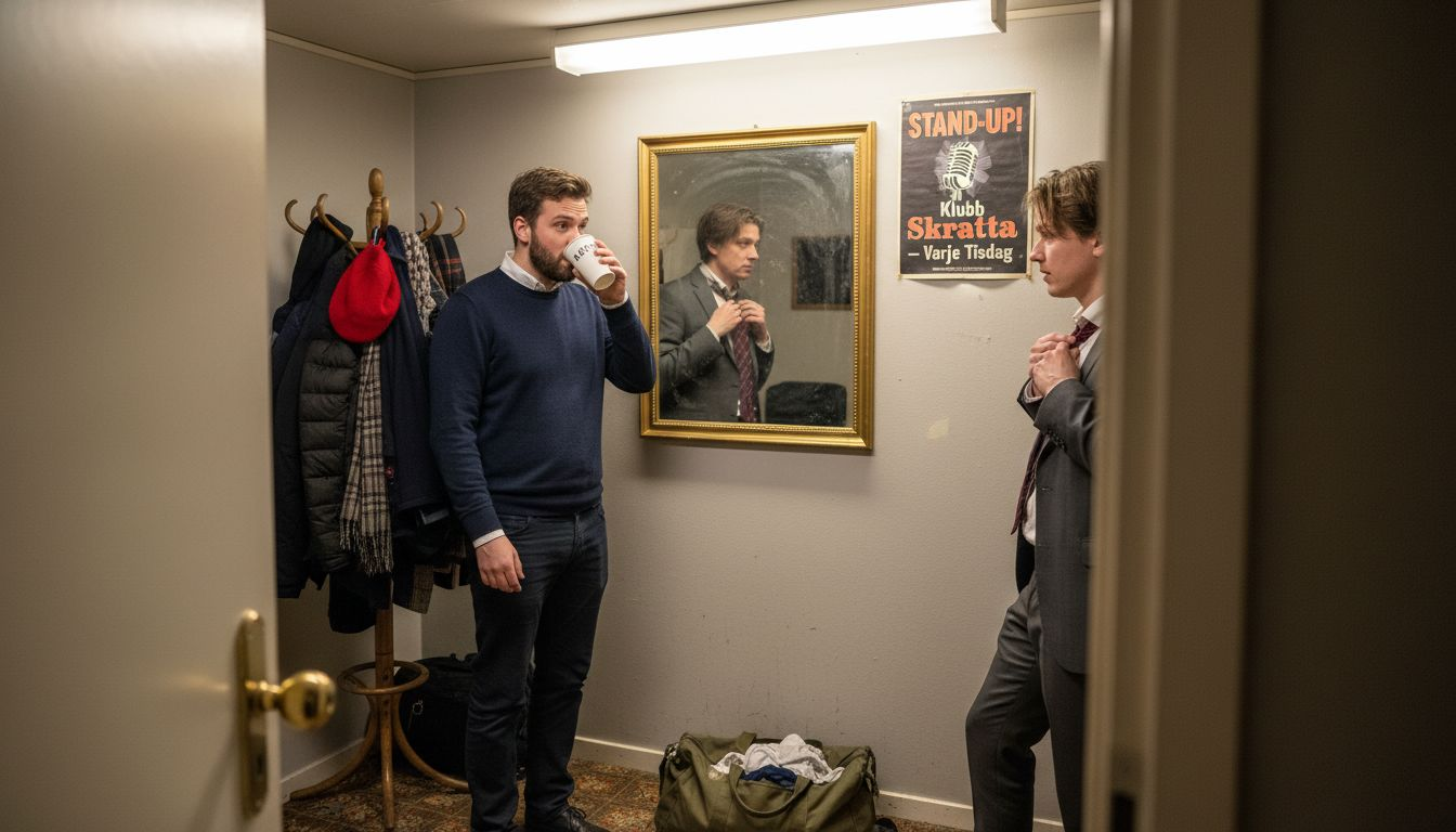 Komiker skrattar tillsammans bakom scenen på en standup-klubb.
