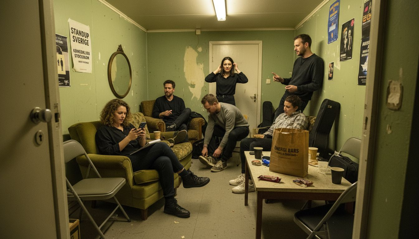 Komikerna samlas bakom scenen och gör sig redo inför kvällens föreställning.