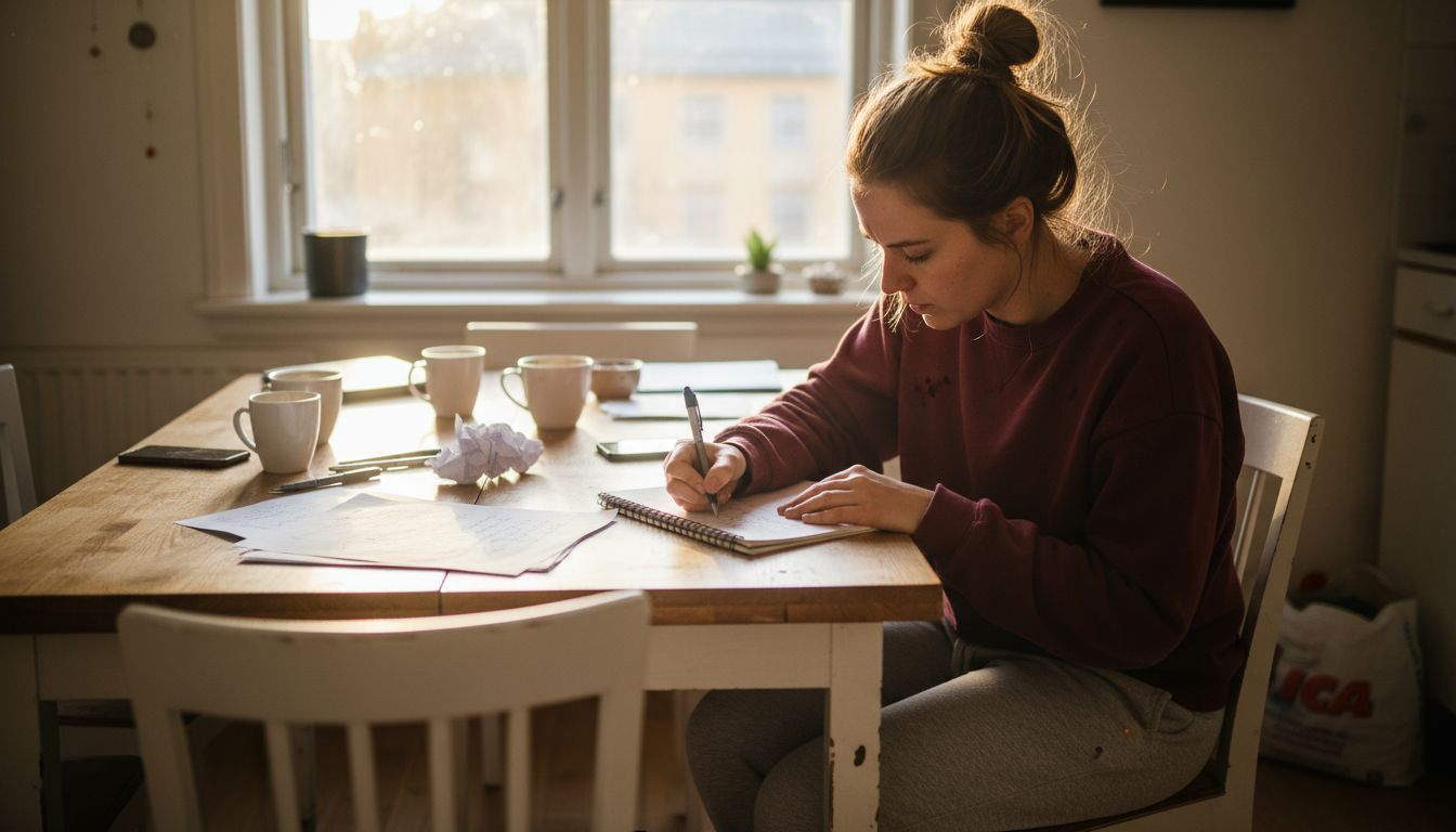 En kvinna sitter vid bordet och filar på nya standup-skämt.