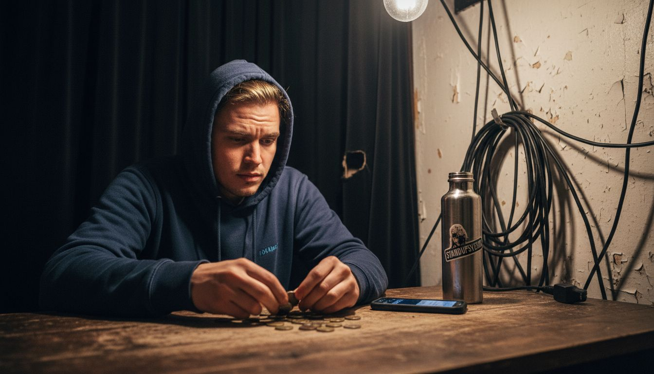 Komikern sitter bakom scenen och räknar sina mynt innan showen.