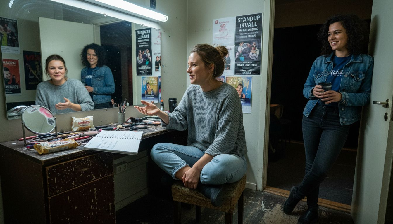 Kvinnliga komiker som minglar och knyter kontakter backstage