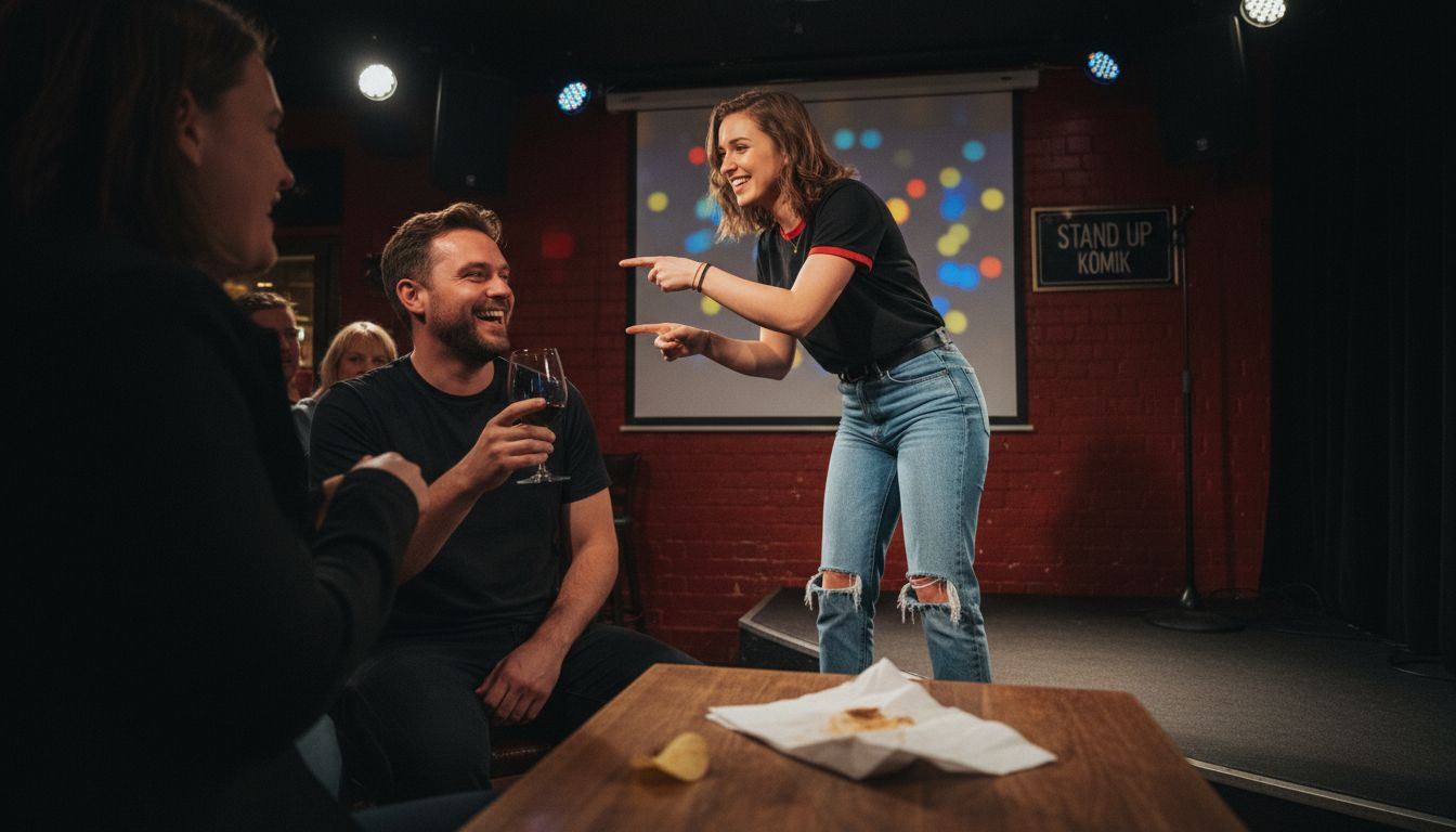 Komikern interagerar med publiken under sin show