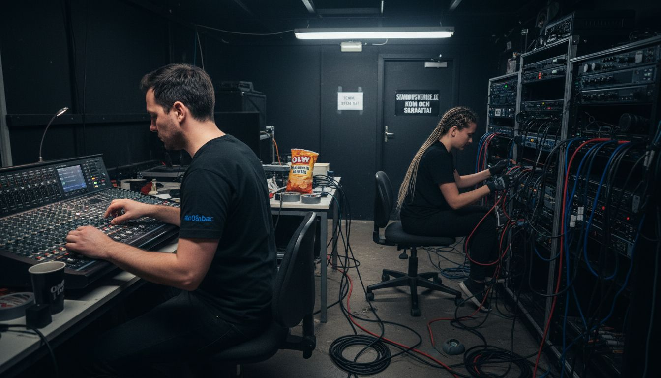 Bakom scenen ser ljudteknikern till att all utrustning fungerar som den ska.