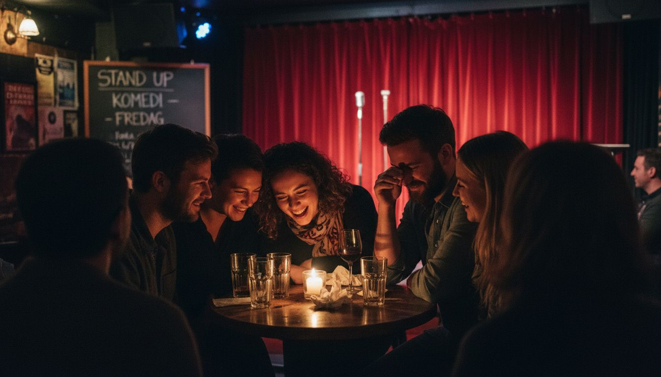 Publiken brister ut i skratt under en standup-föreställning.