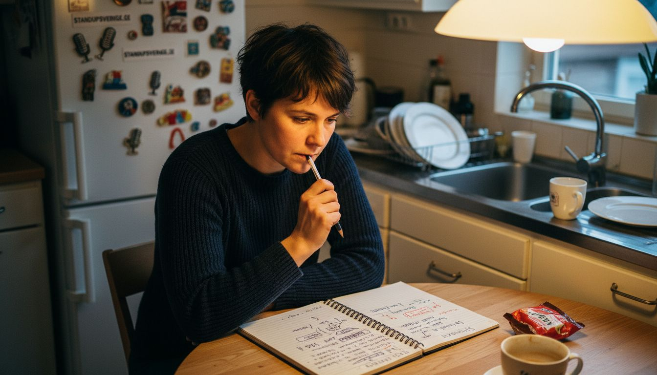 Komiker brainstormar och spånar fram skämt vid köksbordet