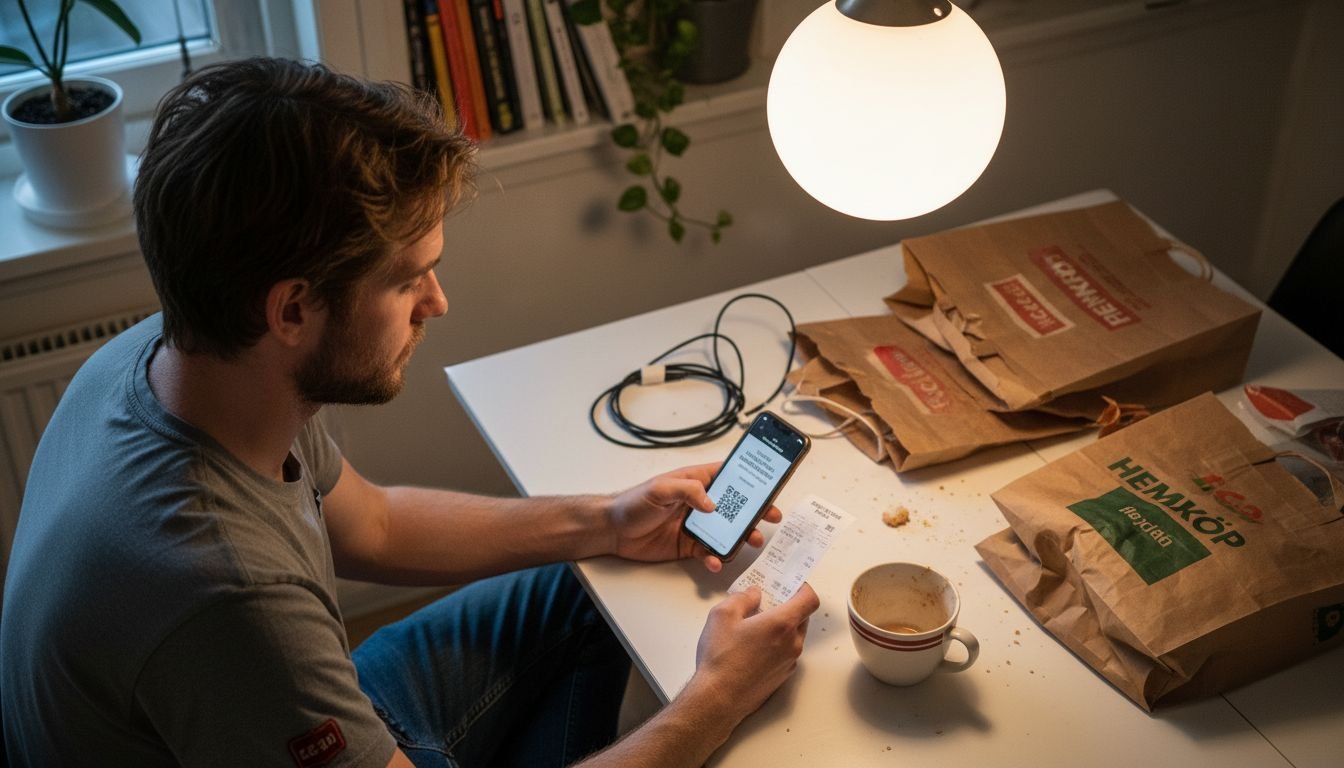 En man sitter vid köksbordet och kollar biljetterna till kvällens ståuppshow.