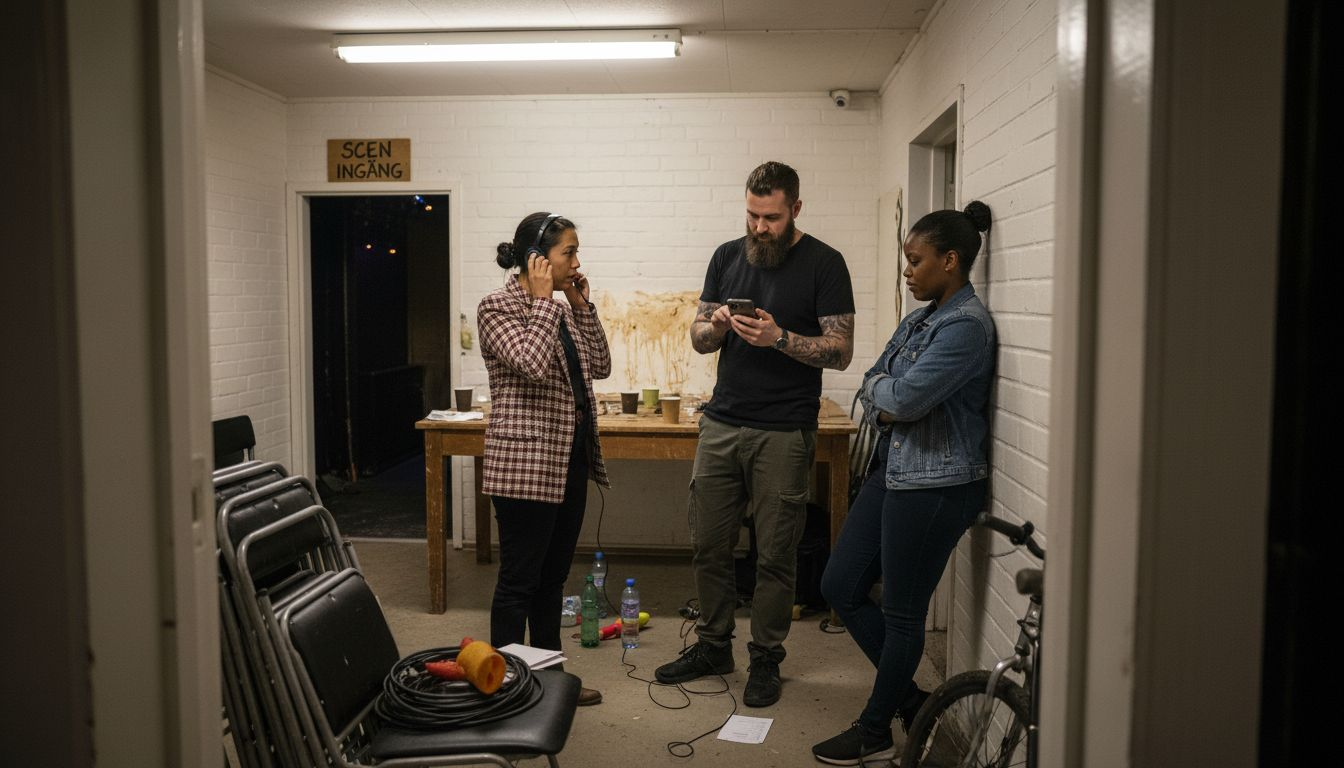 Tre MC:s gör sig redo bakom scenen inför kvällens spelning.