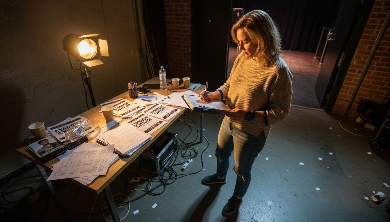 En kvinna undersöker vilka komiker som bokas bakom kulisserna.