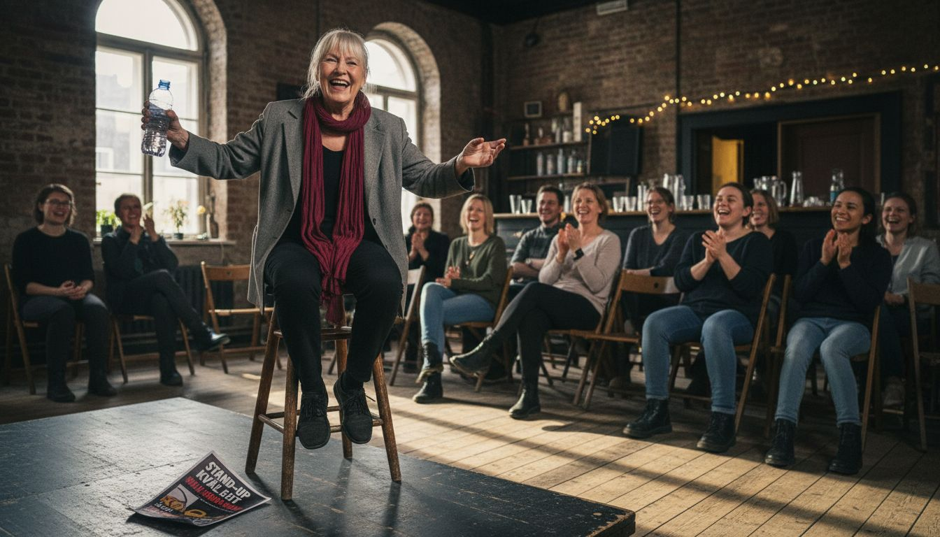 En ståuppkomiker står på scenen och pratar om olika sorters skämt – alltifrån ordvitsar till berättelser man känner igen sig i. Publiken får höra om hur skämten fungerar och varför vissa får oss att skratta extra mycket.