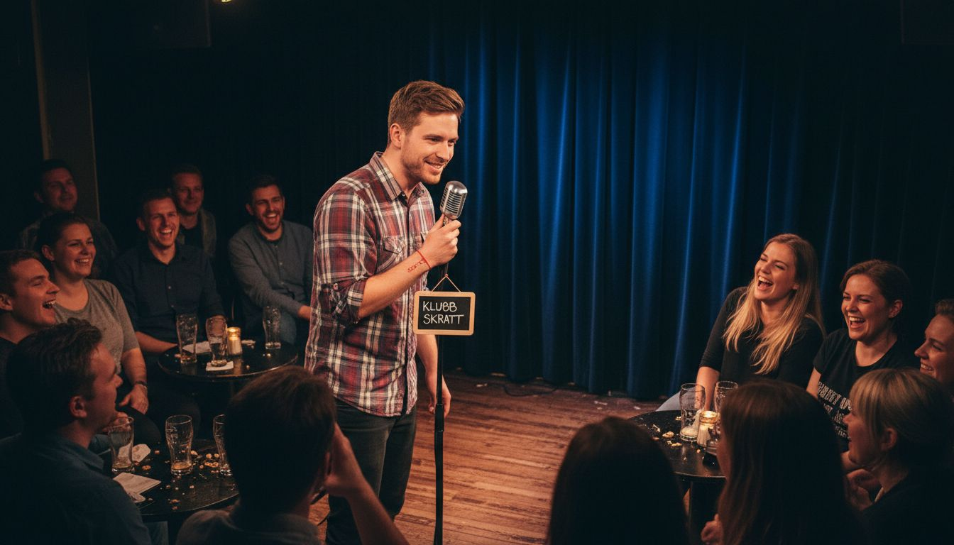 En standupkomiker på scen som får publiken att skratta och applådera.