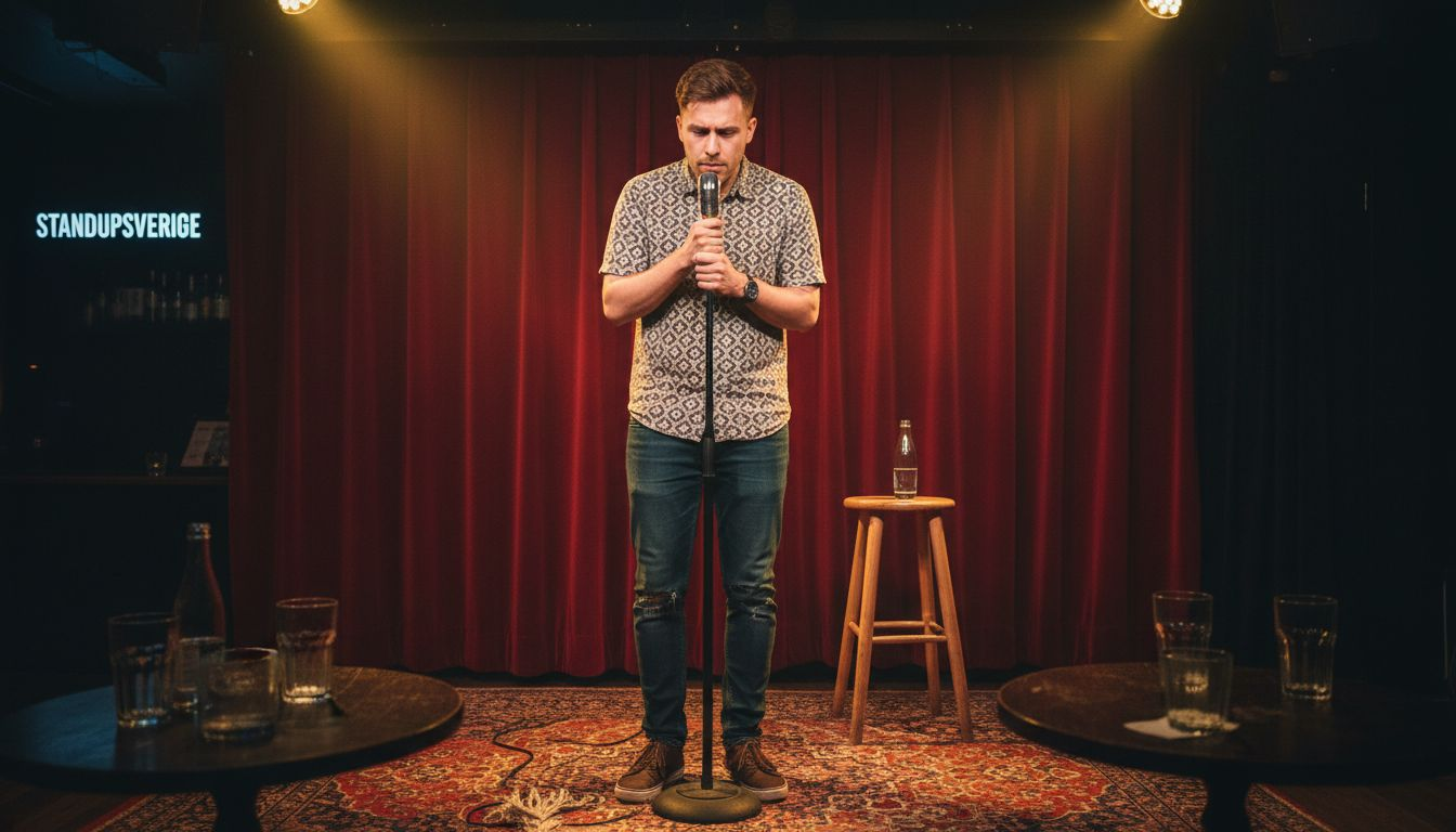 En nervös komiker står på scenen i en liten krog och försöker få publiken att skratta.