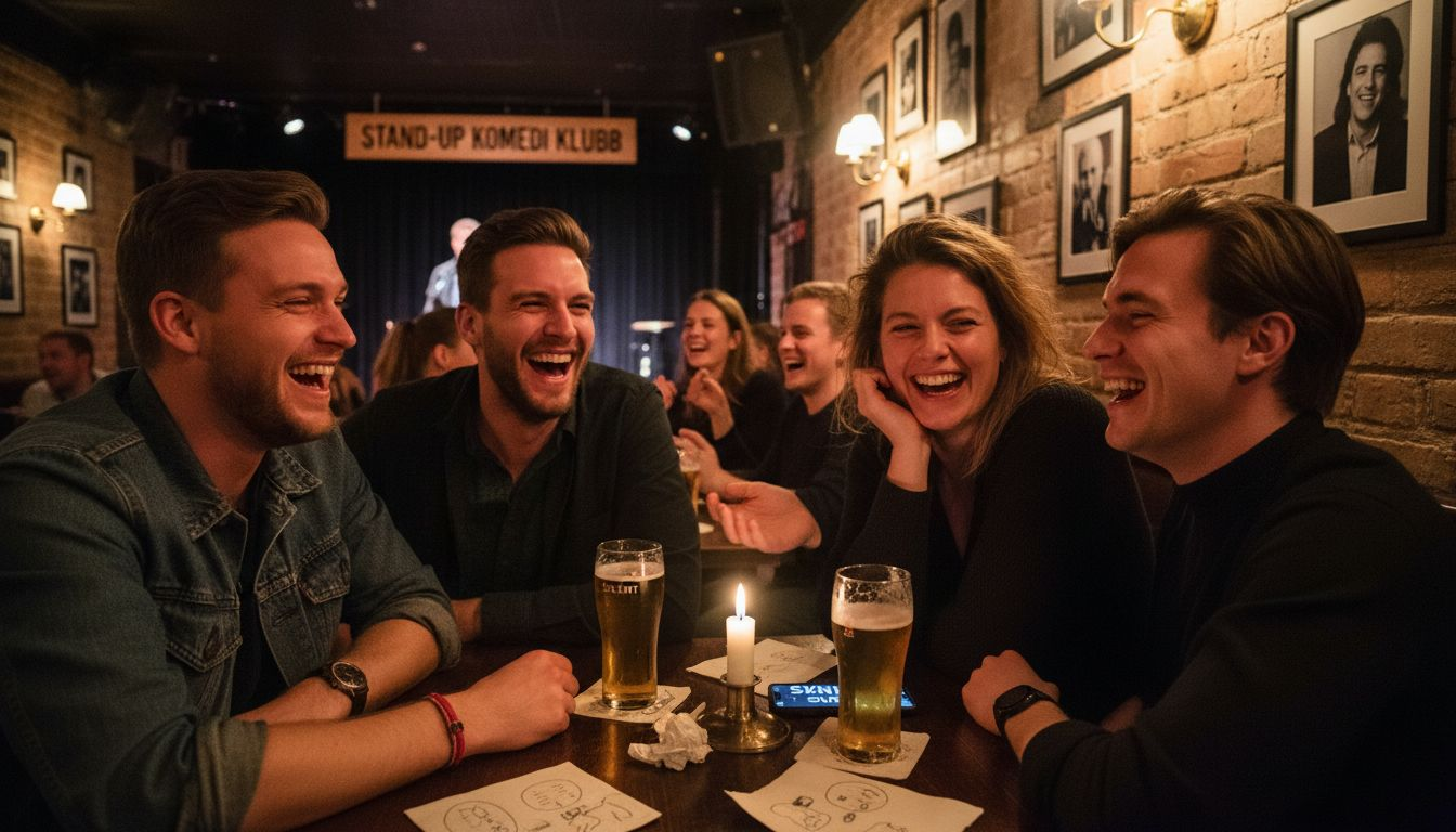 Ett gäng kompisar skrattar tillsammans på en standupklubb i Stockholm.