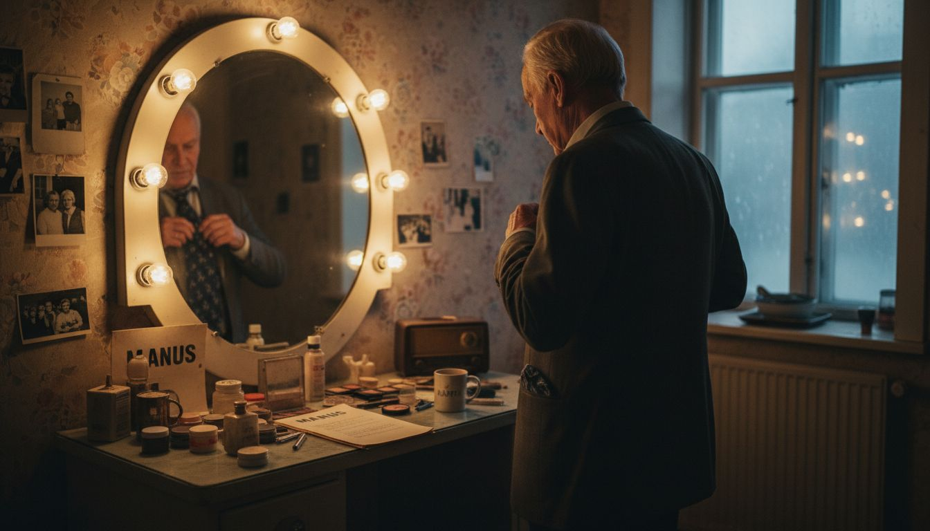 En rutinerad komiker förbereder sig bakom kulisserna i ett klassiskt omklädningsrum.