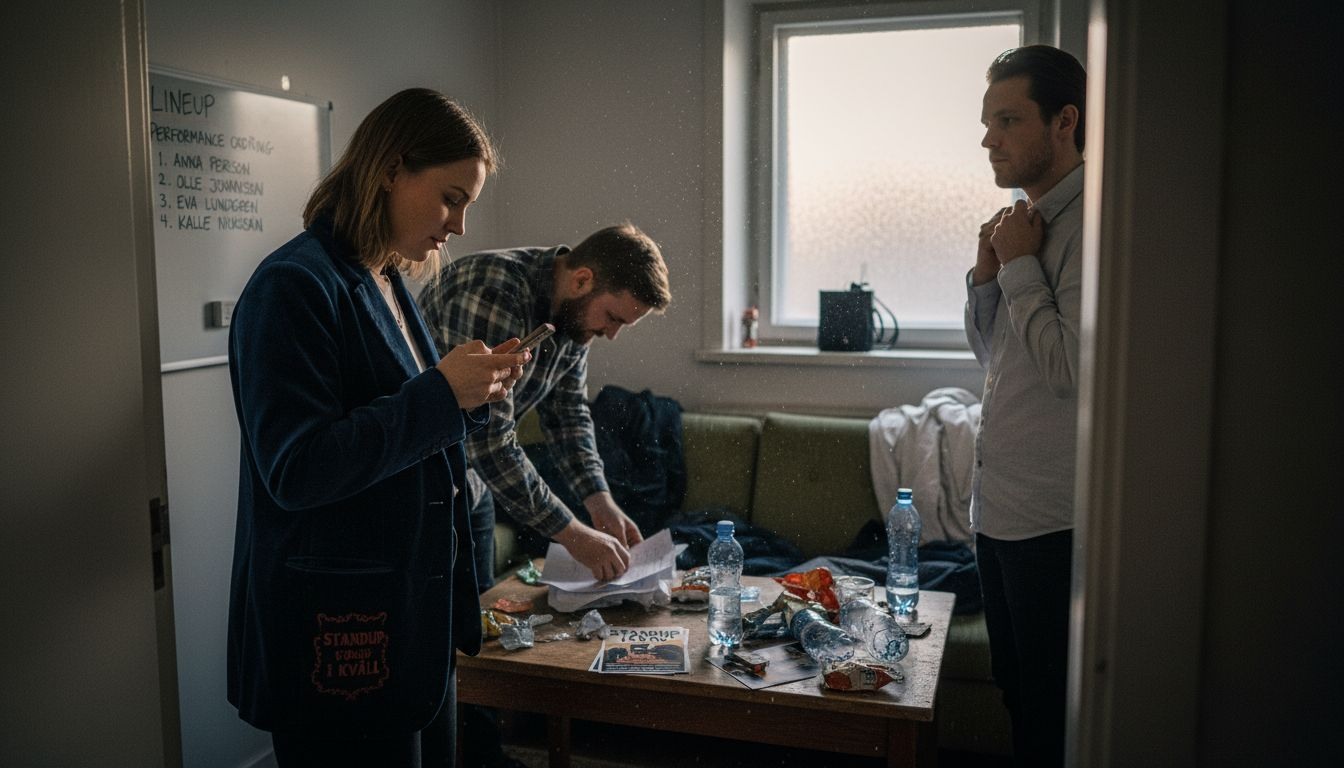 Komikerna samlas bakom scenen och gör sig redo inför kvällens framträdande.