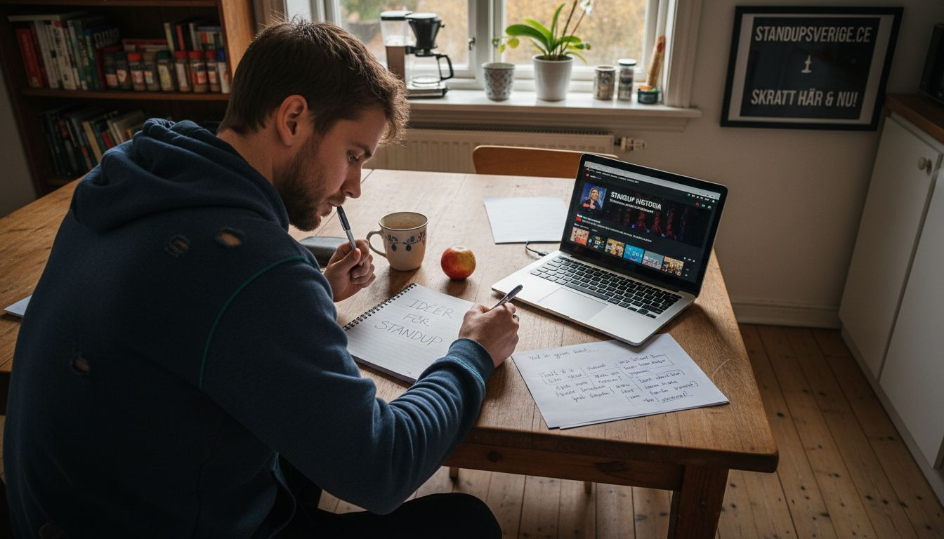 En person sitter vid köksbordet och filar på sina standup-skämt.