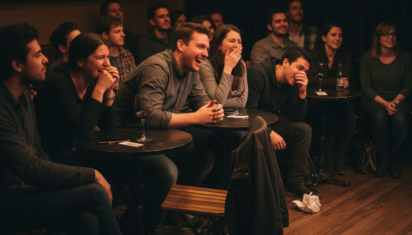 En engagerad publik som skrattar och reagerar under en standup-show.