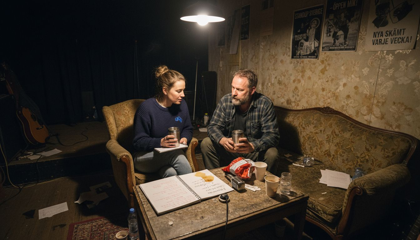 Två komiker gör sig redo bakom scenen inför kvällens föreställning.