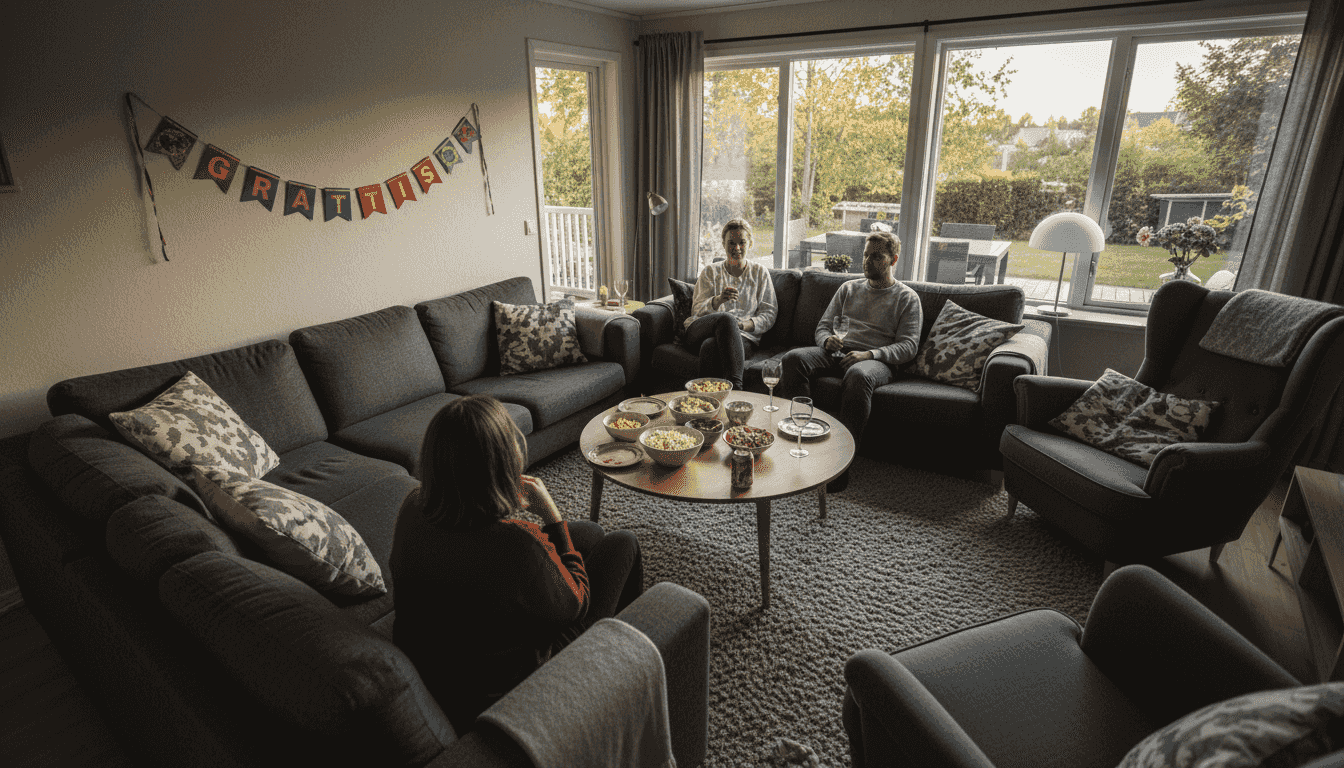 Vardagsrummet omgjort till en scen för standup-kväll