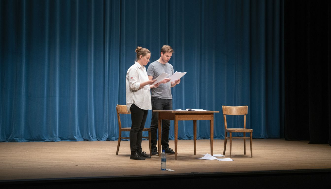 Ett gäng skådespelare övar in en sketch på en enkel scen.