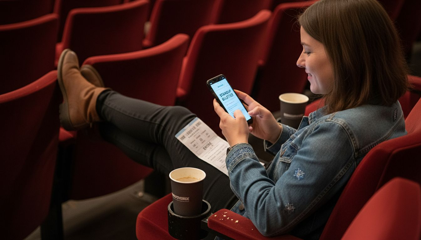 En besökare kollar sina biljetter till kvällens standup-show i teaterfoajén.