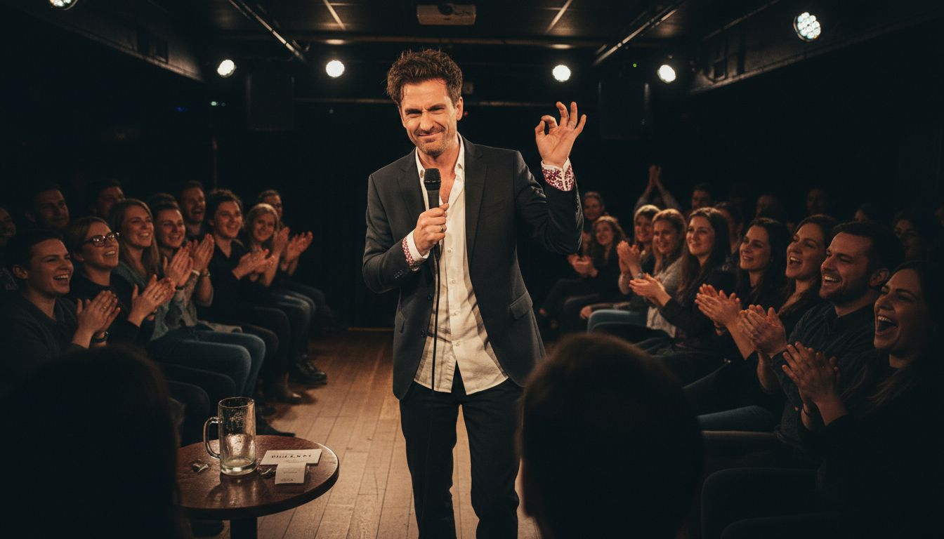 En ståuppkomiker kör sin show på en liten scen i en källarklubb.