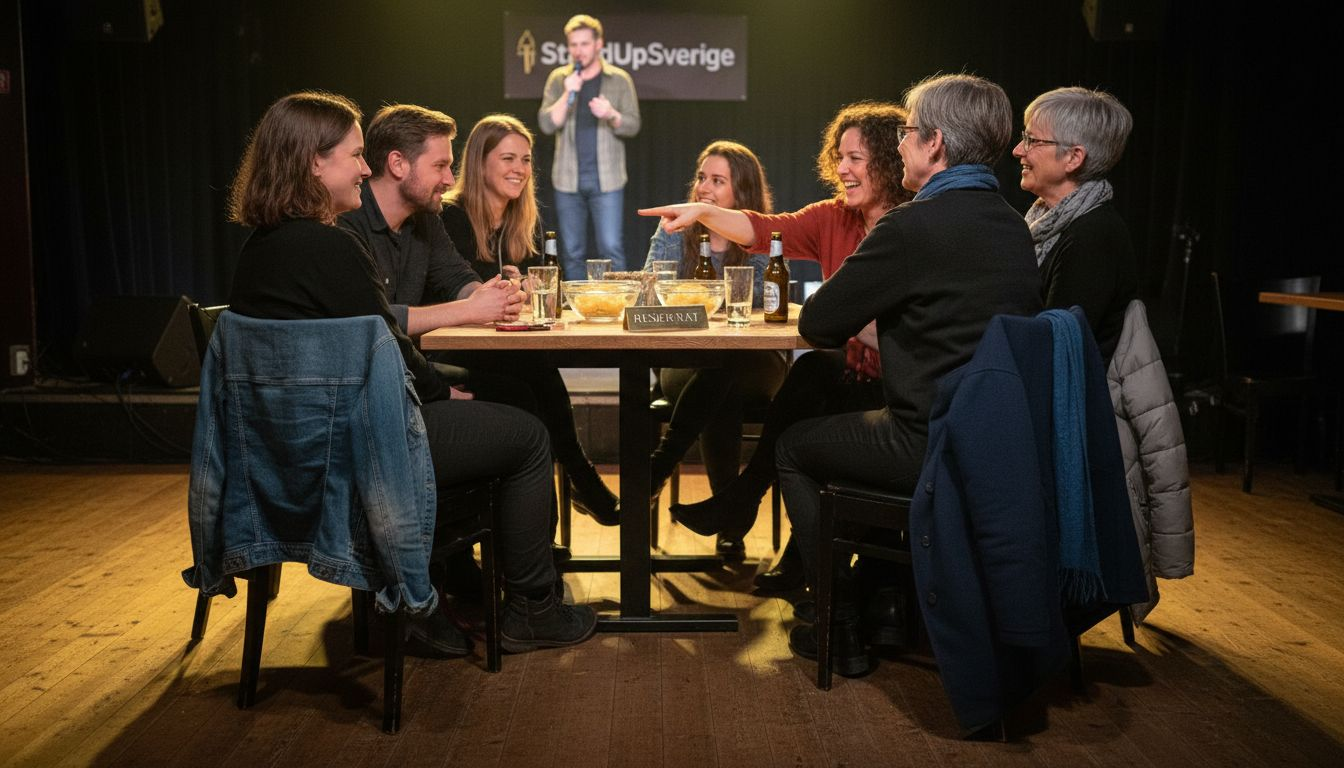 Ett gäng polare har bokat bord på en standupkväll.