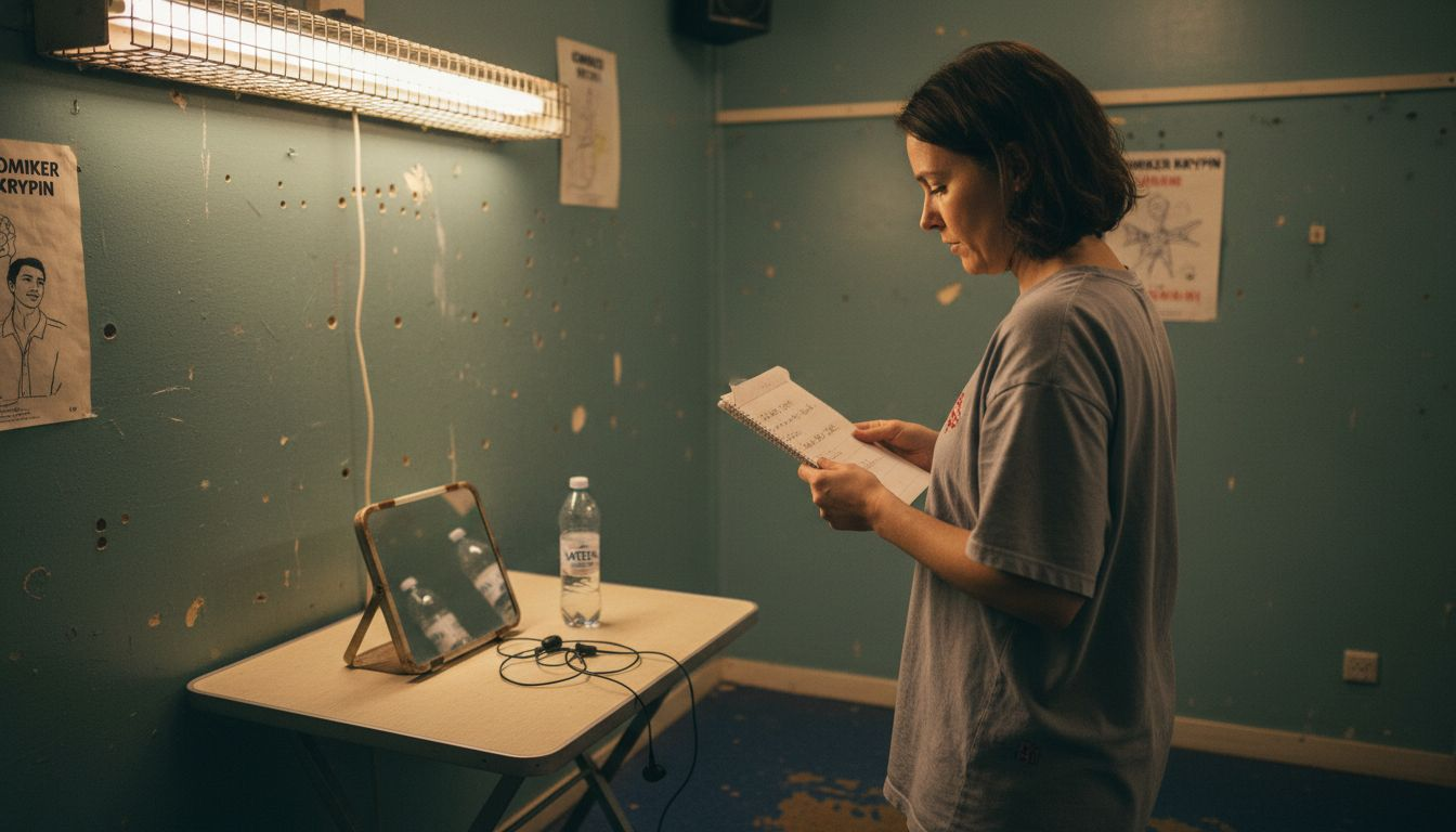 Komikern förbereder sig bakom scenen med anteckningsblocket i handen och spegeln framför sig.