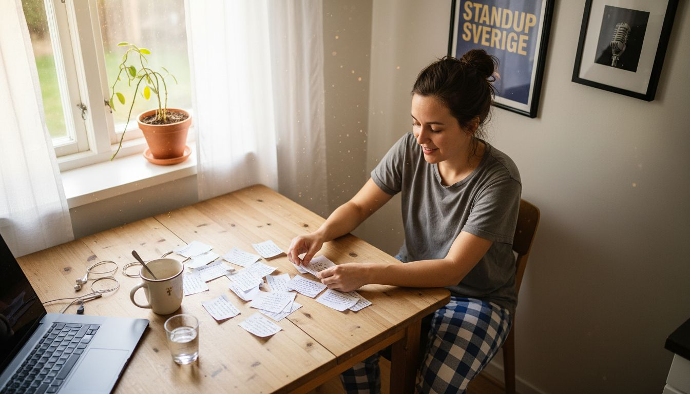 En kvinna sitter vid köksbordet och sorterar lappar med skämt.