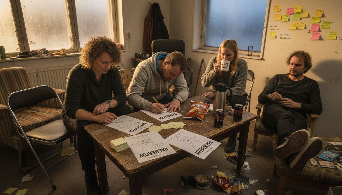 Ett gäng komiker tränar in sketcher inför en föreställning.