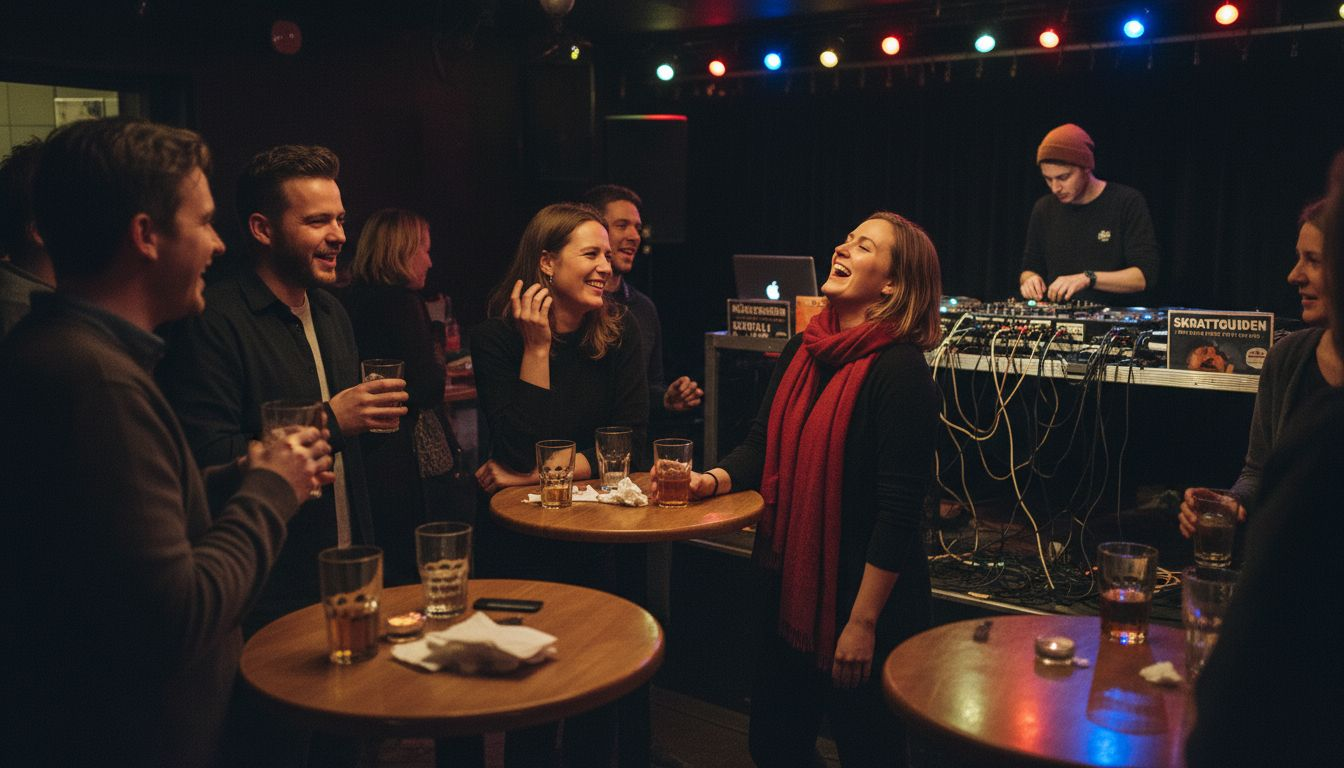Stämningen är på topp när gästerna småpratar och umgås innan kvällens standup-show på en av Stockholms populära komediklubbar.