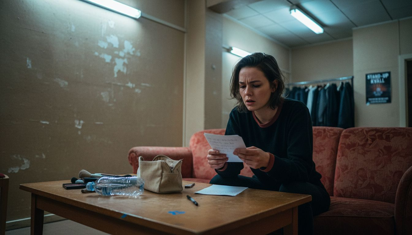 Komikern går igenom sitt manus bakom scenen, i logen, innan föreställningen.