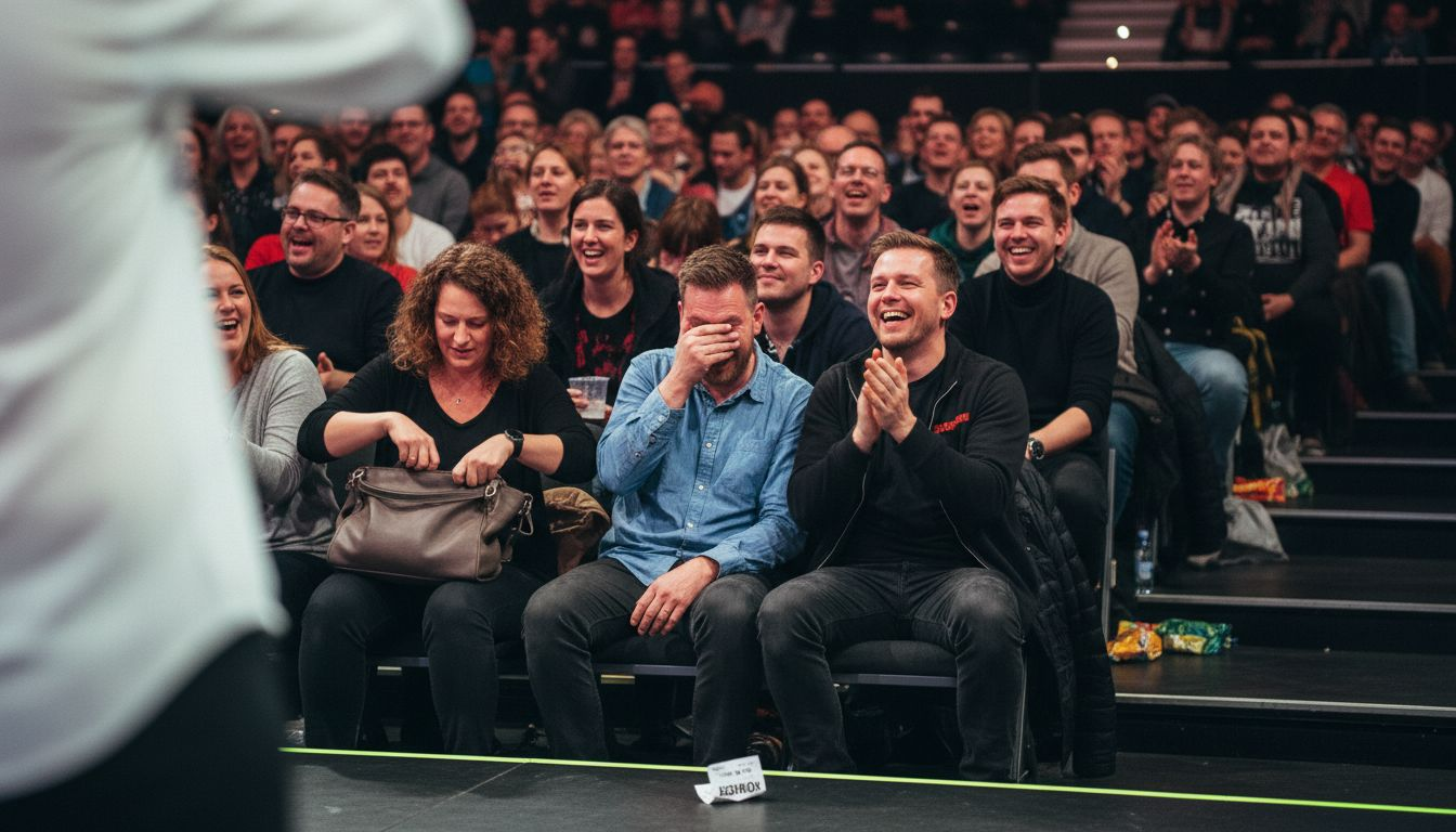 Publiken skrattar högt under en stor standup-show i arenan.