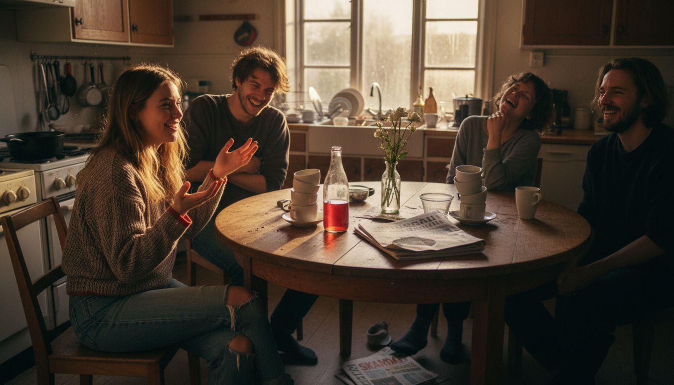 Kompisarna brister ut i skratt runt köksbordet efter ett roligt skämt.