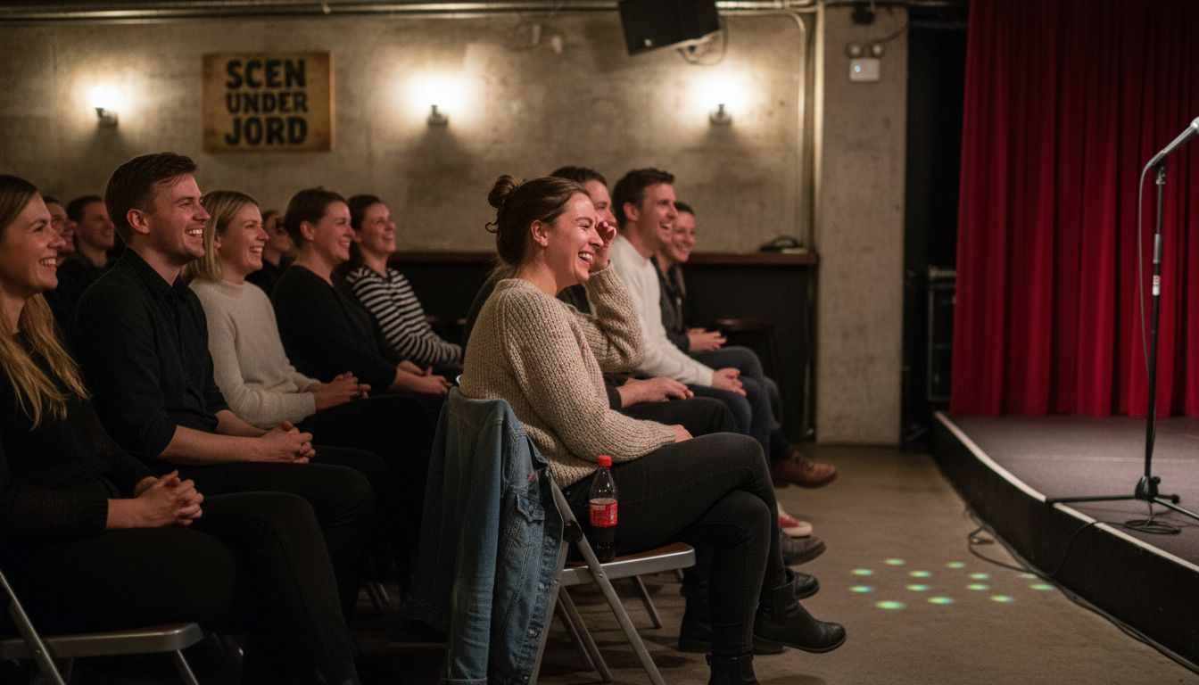 Publiken skrattar högt under ett live standup-framträdande.