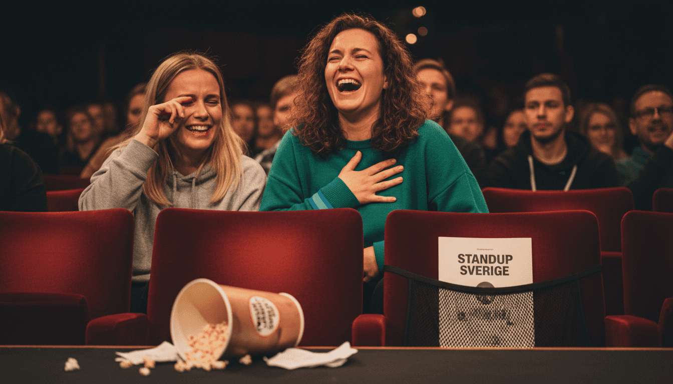 Publiken brister ut i skratt under ståuppshowen.