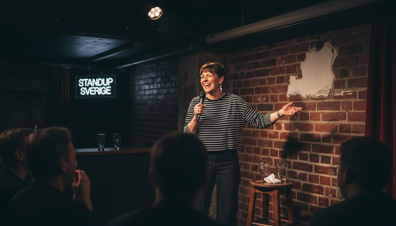 Komikern skojar med den entusiastiska publiken i en intim källarklubb