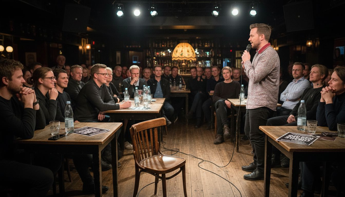 En komiker står på scenen och underhåller publiken på Big Ben Stand Up.