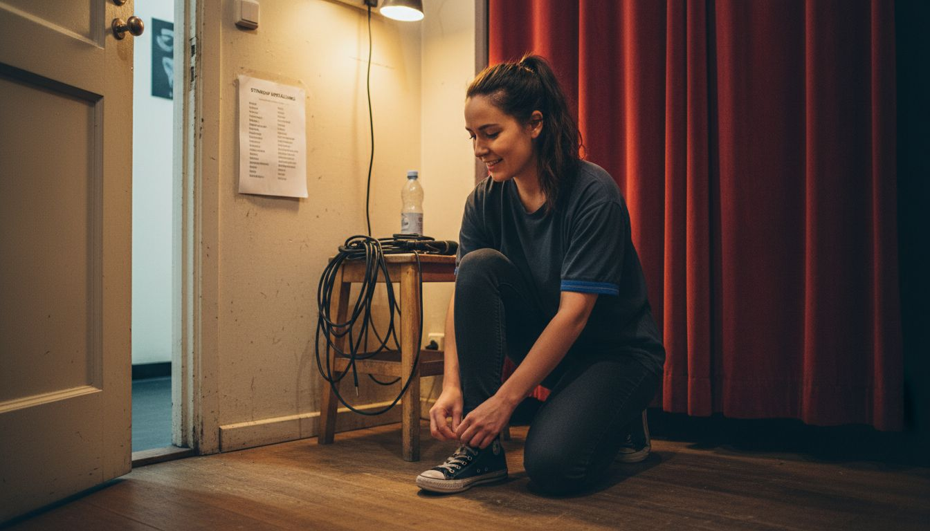 Komikern gör sig redo bakom scenen inför kvällens standup-föreställning.