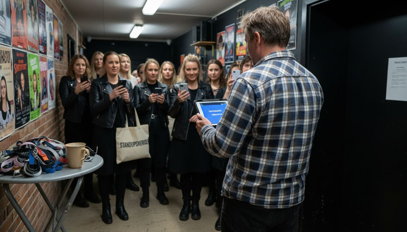 Arrangören scannar biljetterna vid insläppet till ståuppshowen.
