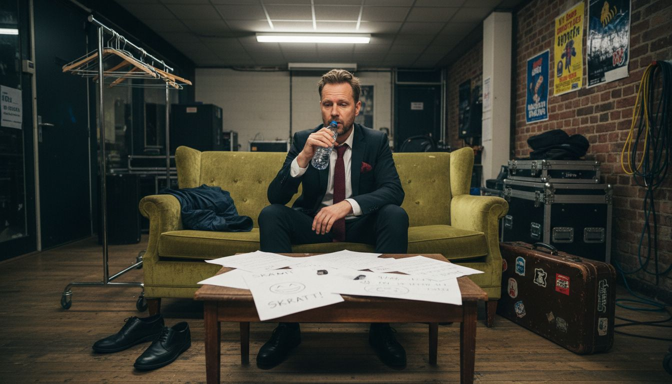 En komiker slappnar av bakom scenen efter sitt standupframträdande.