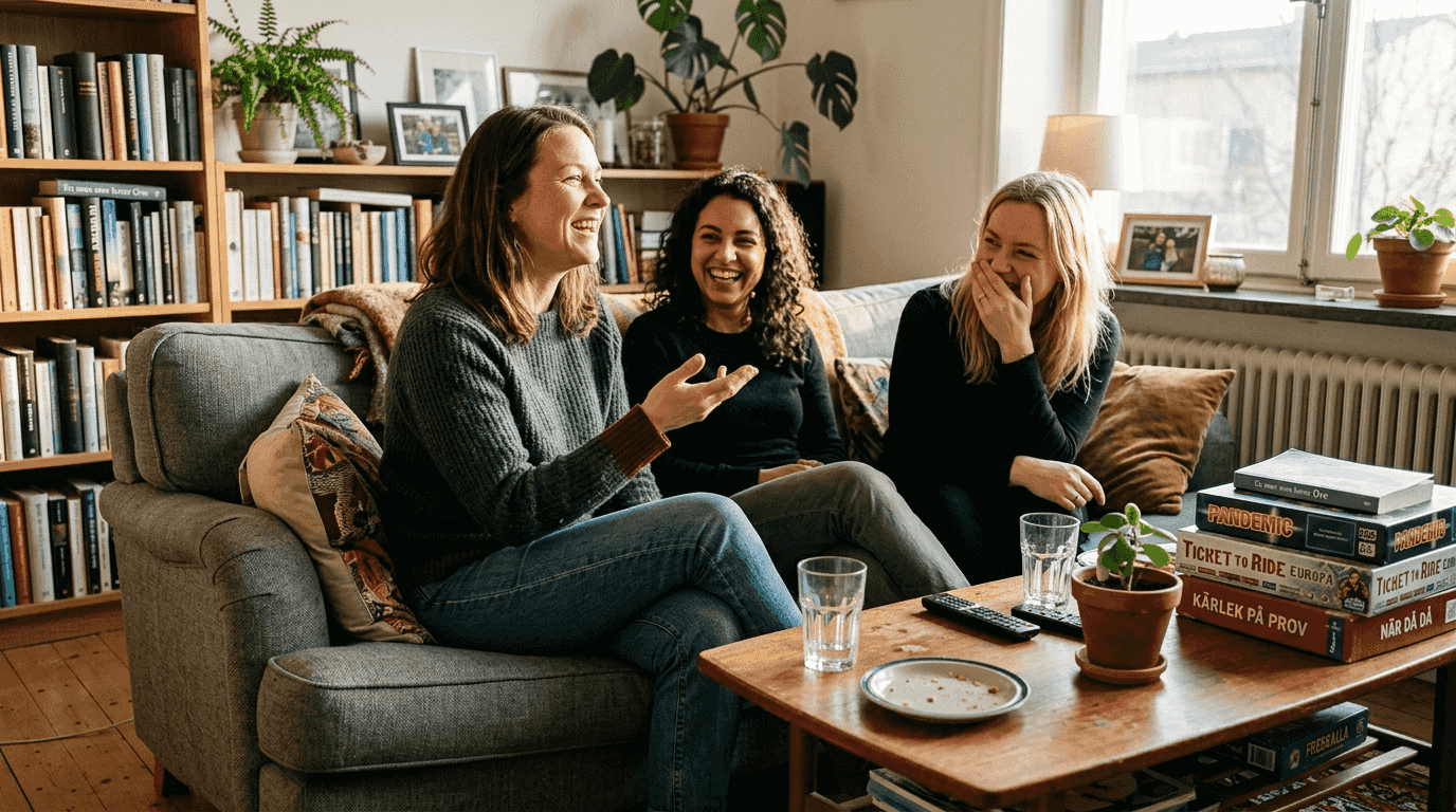 Prat och skratt i soffan hemma – det bästa sättet att koppla av på.