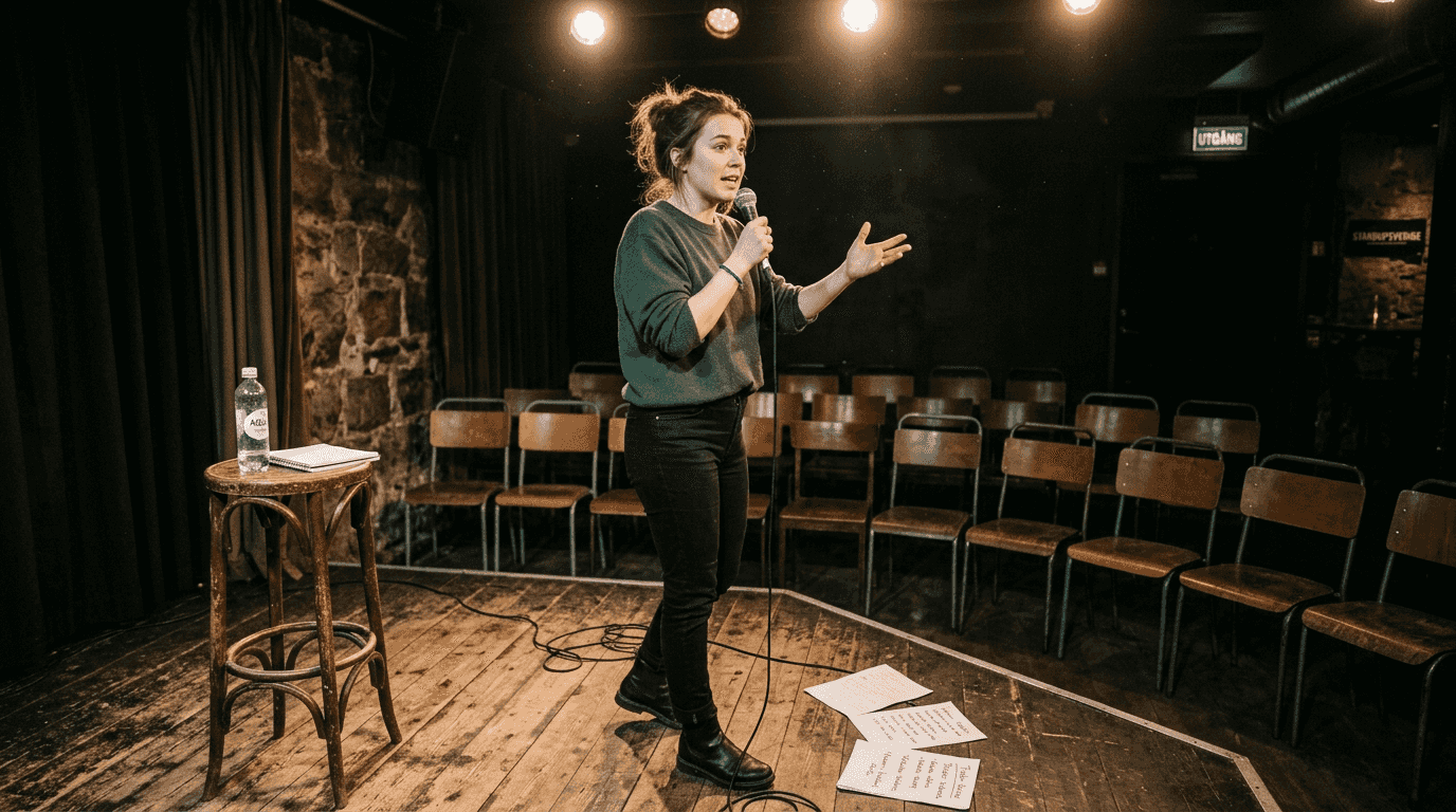 En komiker står och övar sitt material inför tomma stolar på klubbscenen.