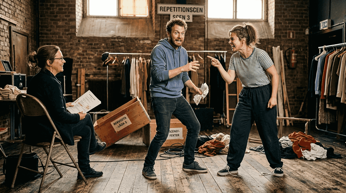 Skådespelare övar in sketcher och testar rekvisita på scenen.