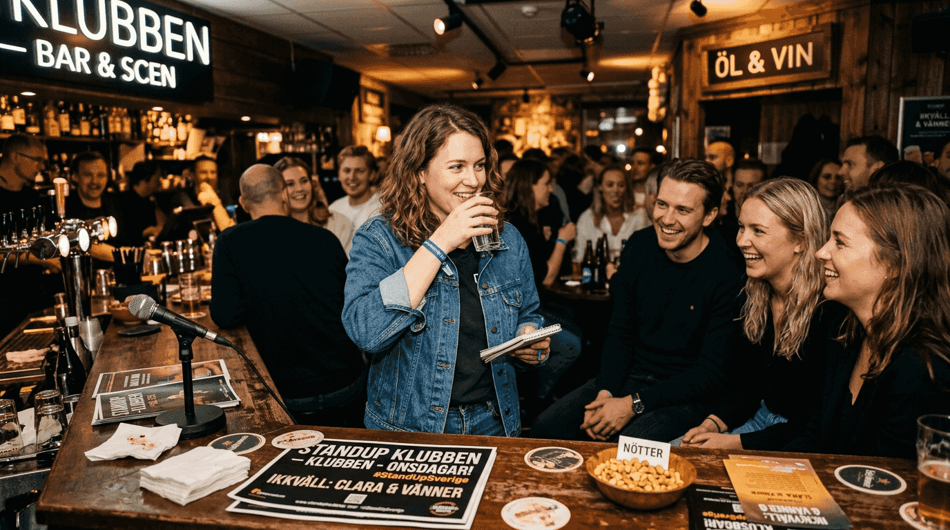 En komiker småpratar med folk på ett nätverksmingel i baren.