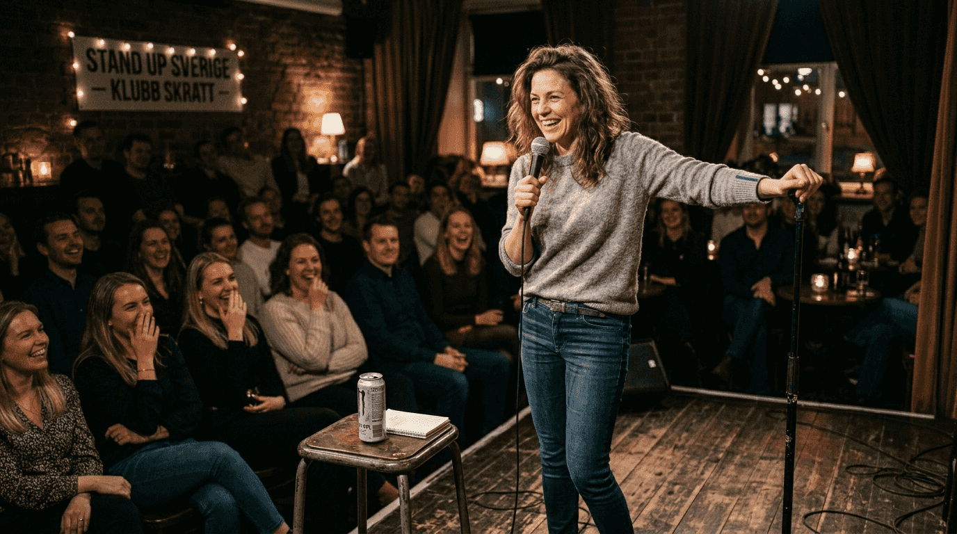 Komikern står på scen och driver friskt med sig själv – självironin är hans starkaste vapen.