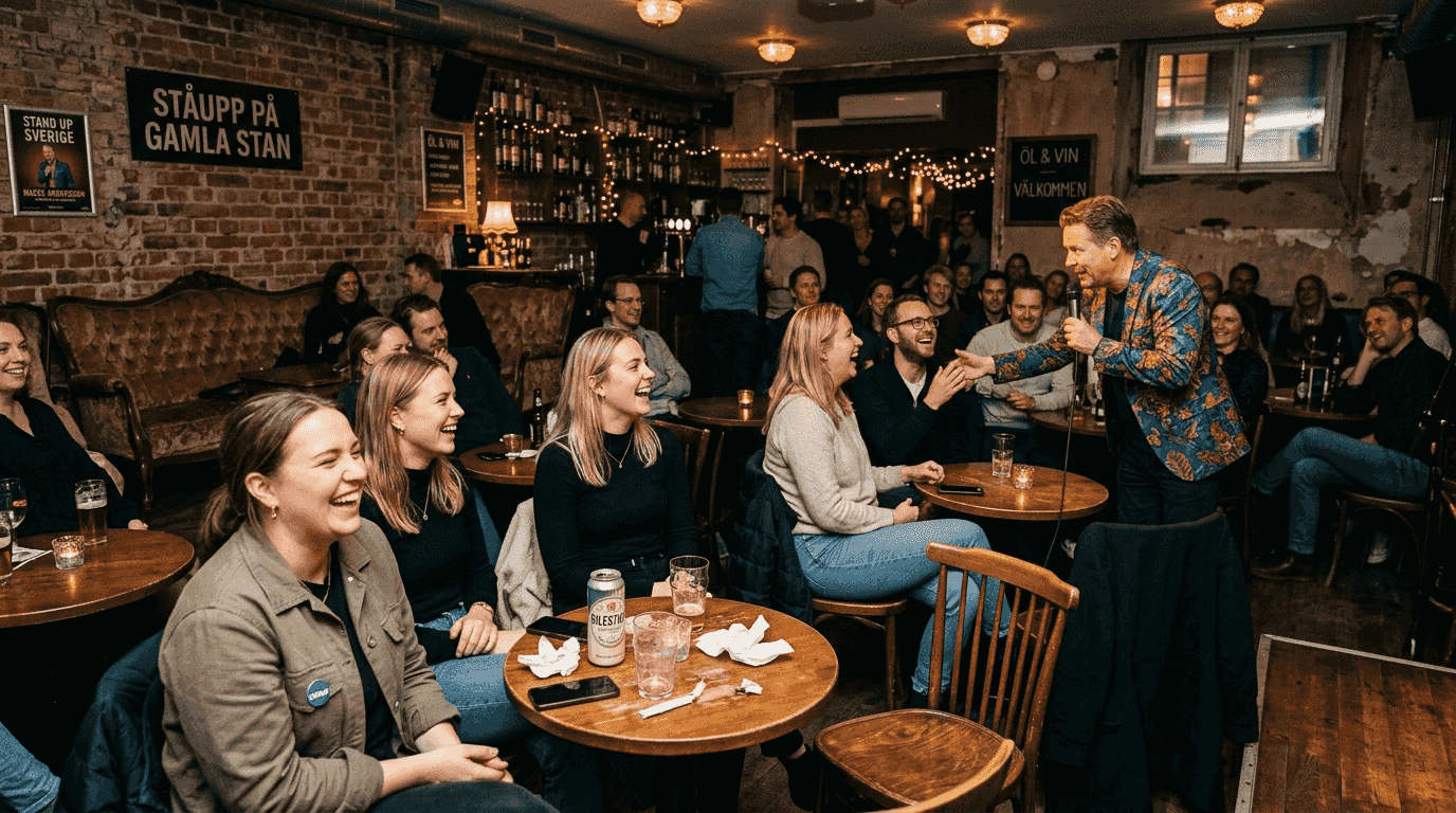 Stockholmspublik och kvällens konferencier på en standupklubb